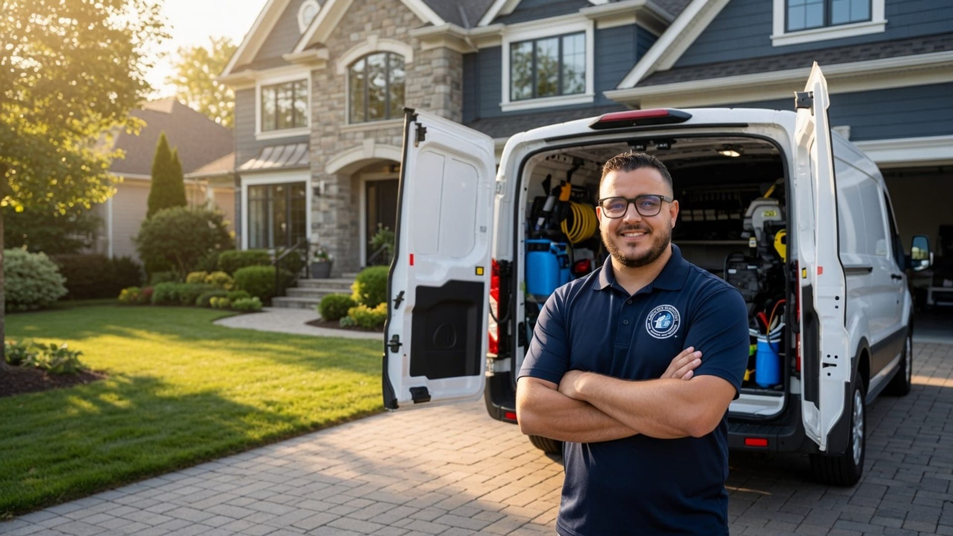 AeroPro Solutions technician with a fully equipped service van outside a New Jersey home